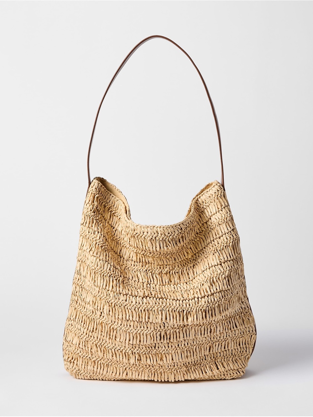 NWT Loft Raffia Woven Beach Bucket Bag with Brown Shoulder Strap - Natural